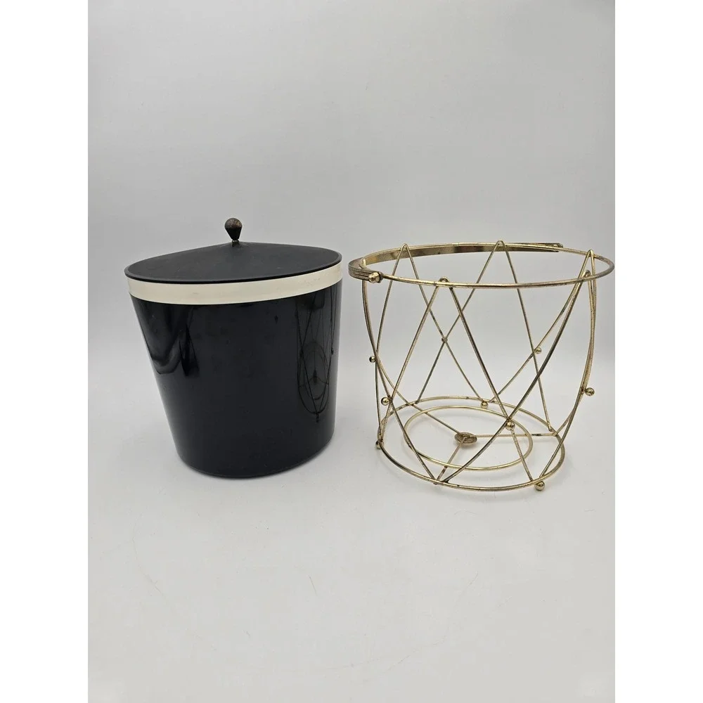 Vintage American Thermos 3940 Ice Bucket Black Gold Metal Wire Drum Frame MCM